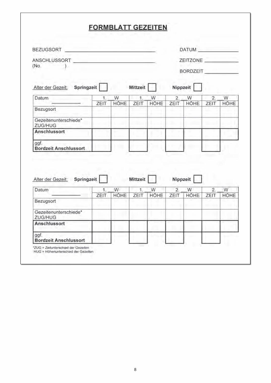 Amtliches Formblatt für die Gezeitenrechnung der SKS-Kartenaufgabe